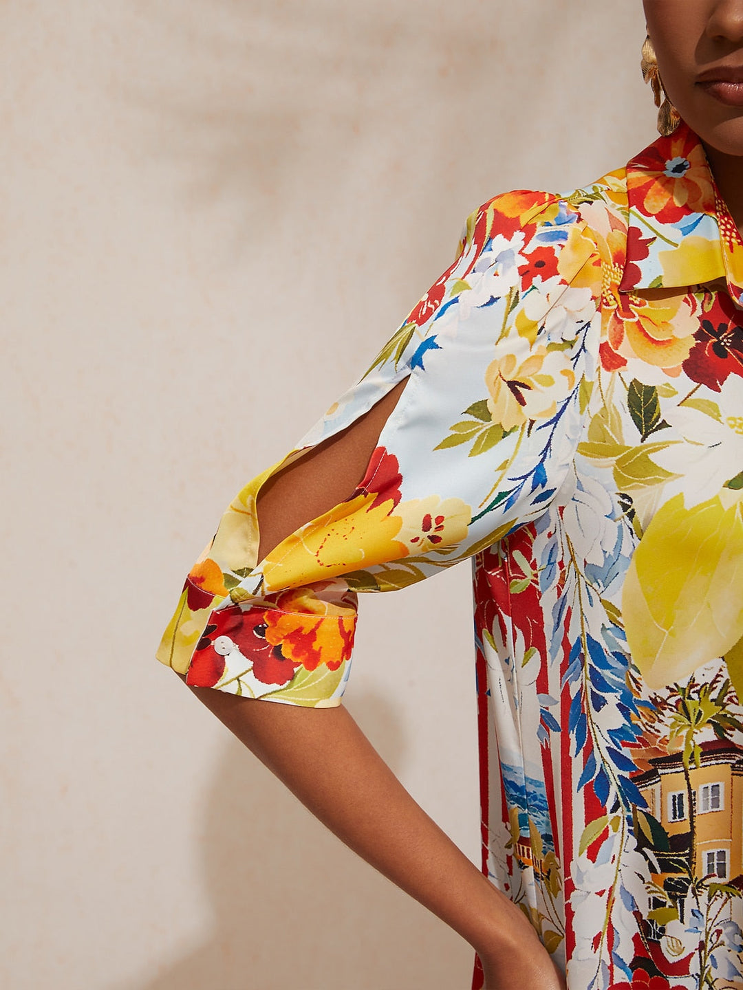 Womens yellow floral midi dress with button-down placket and relaxed fit, perfect for summer outings. 3