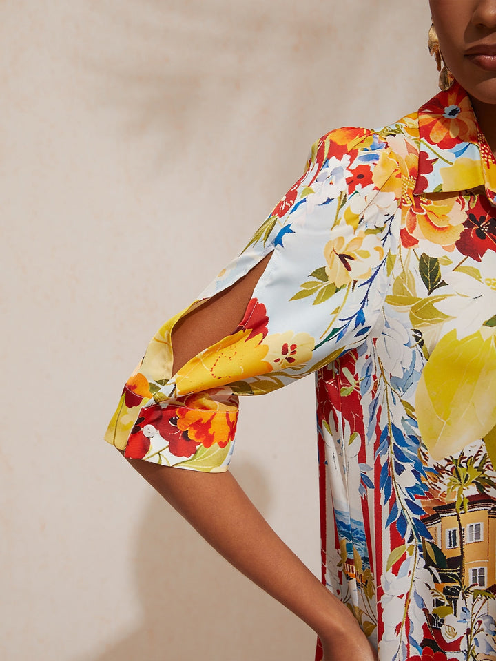 Womens yellow floral midi dress with button-down placket and relaxed fit, perfect for summer outings. 3