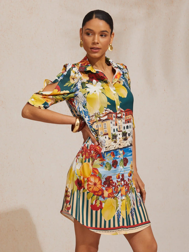 Womens yellow floral midi dress with button-down placket and relaxed fit, perfect for summer outings. 8