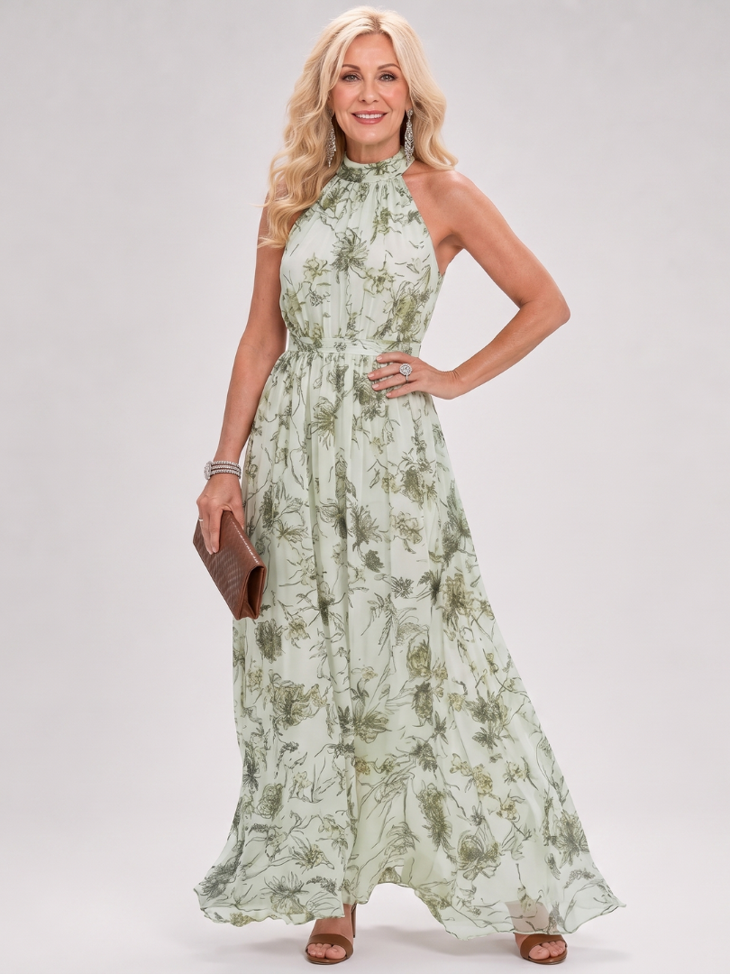 Womens Dress with Halter Neckline and Flowing Skirt – Floral Print Midi Summer Dress for Wedding Guest 3