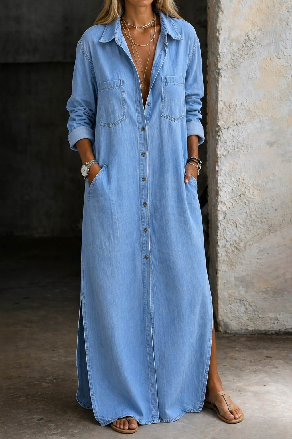 Women's casual knee-length summer dress featuring a relaxed fit and button down front, made from a comfortable cotton blend fabric. 0