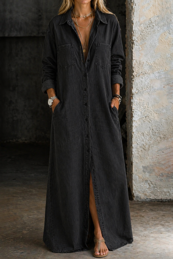 Women's casual knee-length summer dress featuring a relaxed fit and button down front, made from a comfortable cotton blend fabric. 3
