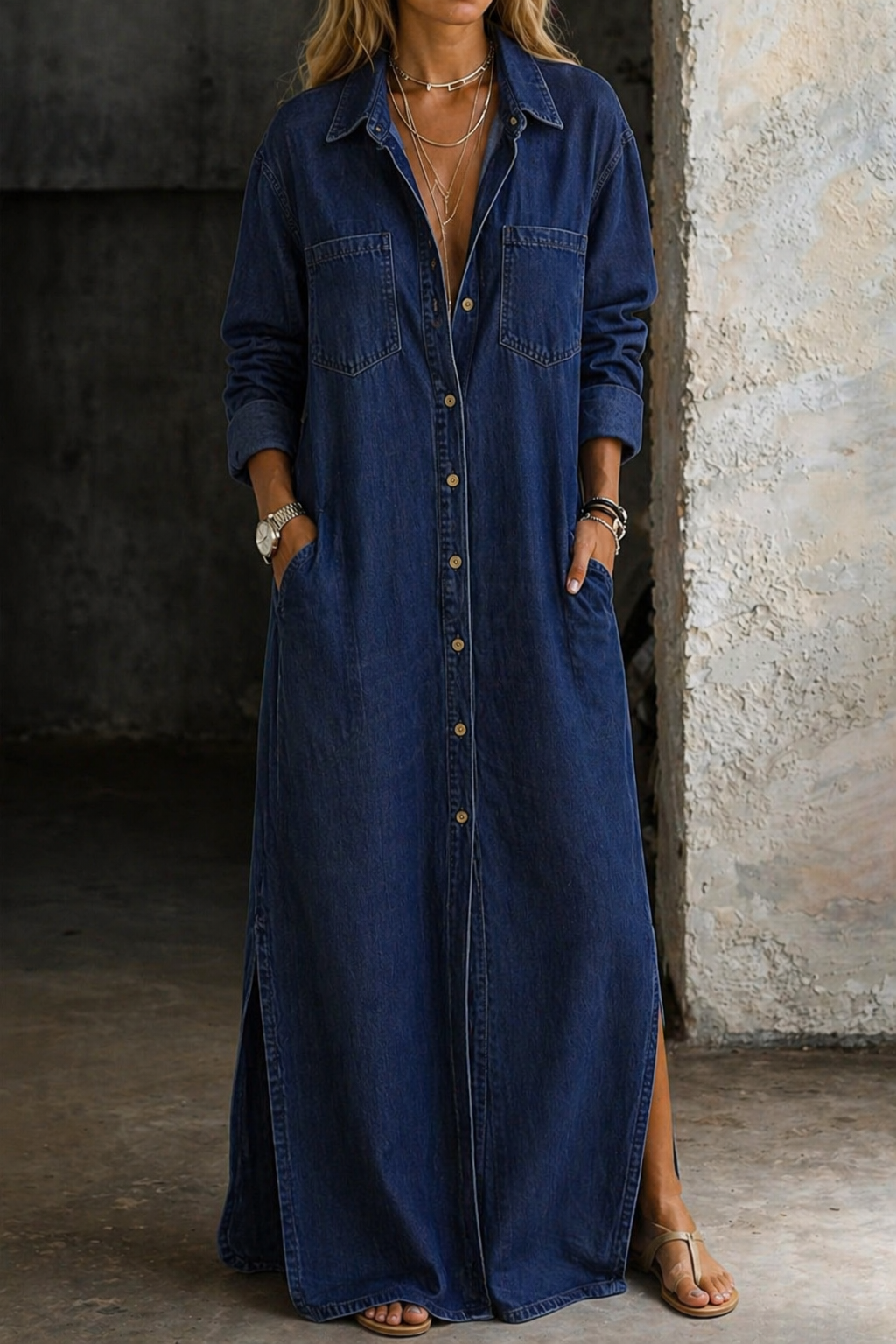 Women's casual knee-length summer dress featuring a relaxed fit and button down front, made from a comfortable cotton blend fabric. 4