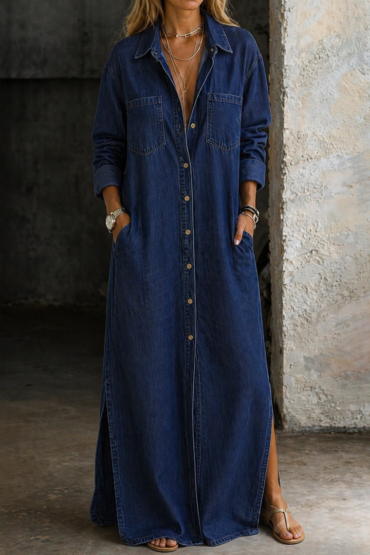 Women's casual knee-length summer dress featuring a relaxed fit and button down front, made from a comfortable cotton blend fabric. 4