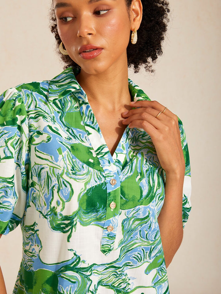 Womens dress featuring a shirt collar and puff sleeves, made from airy linen-look fabric, designed as a midi dress adorned with a wild horse print, 1