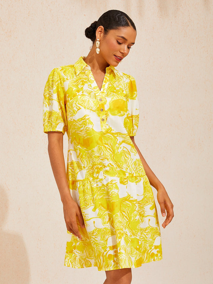 Womens dress featuring a shirt collar and puff sleeves, made from airy linen-look fabric, designed as a midi dress adorned with a wild horse print, 10