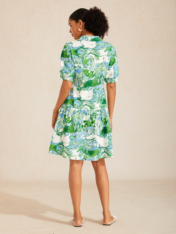 Womens dress featuring a shirt collar and puff sleeves, made from airy linen-look fabric, designed as a midi dress adorned with a wild horse print, 4