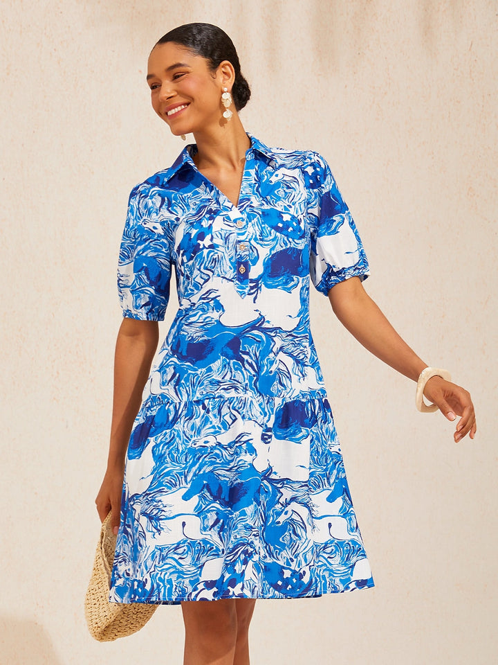 Womens dress featuring a shirt collar and puff sleeves, made from airy linen-look fabric, designed as a midi dress adorned with a wild horse print, 5