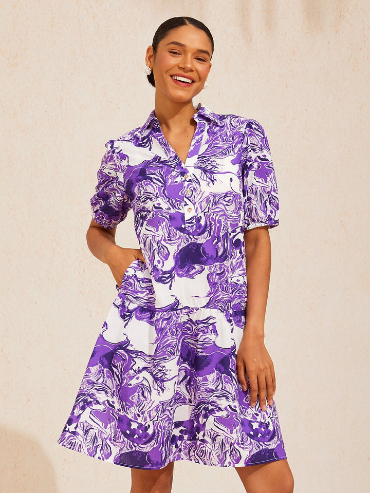 Womens dress featuring a shirt collar and puff sleeves, made from airy linen-look fabric, designed as a midi dress adorned with a wild horse print, 9