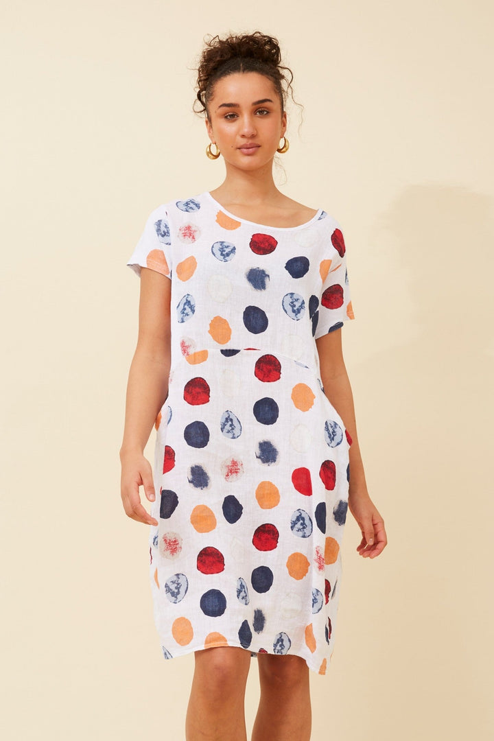Women's knee-length polka dot linen summer dress with short sleeves and side pockets, featuring a relaxed fit for comfort and style. 5