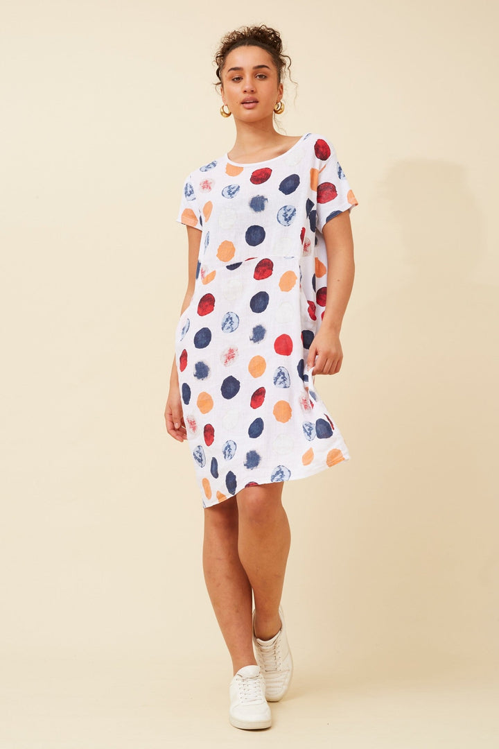 Women's knee-length polka dot linen summer dress with short sleeves and side pockets, featuring a relaxed fit for comfort and style. 6