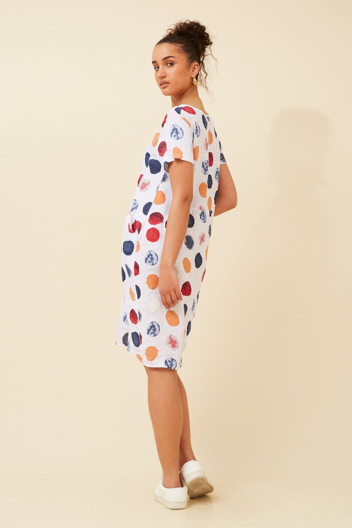 Women's knee-length polka dot linen summer dress with short sleeves and side pockets, featuring a relaxed fit for comfort and style. 8