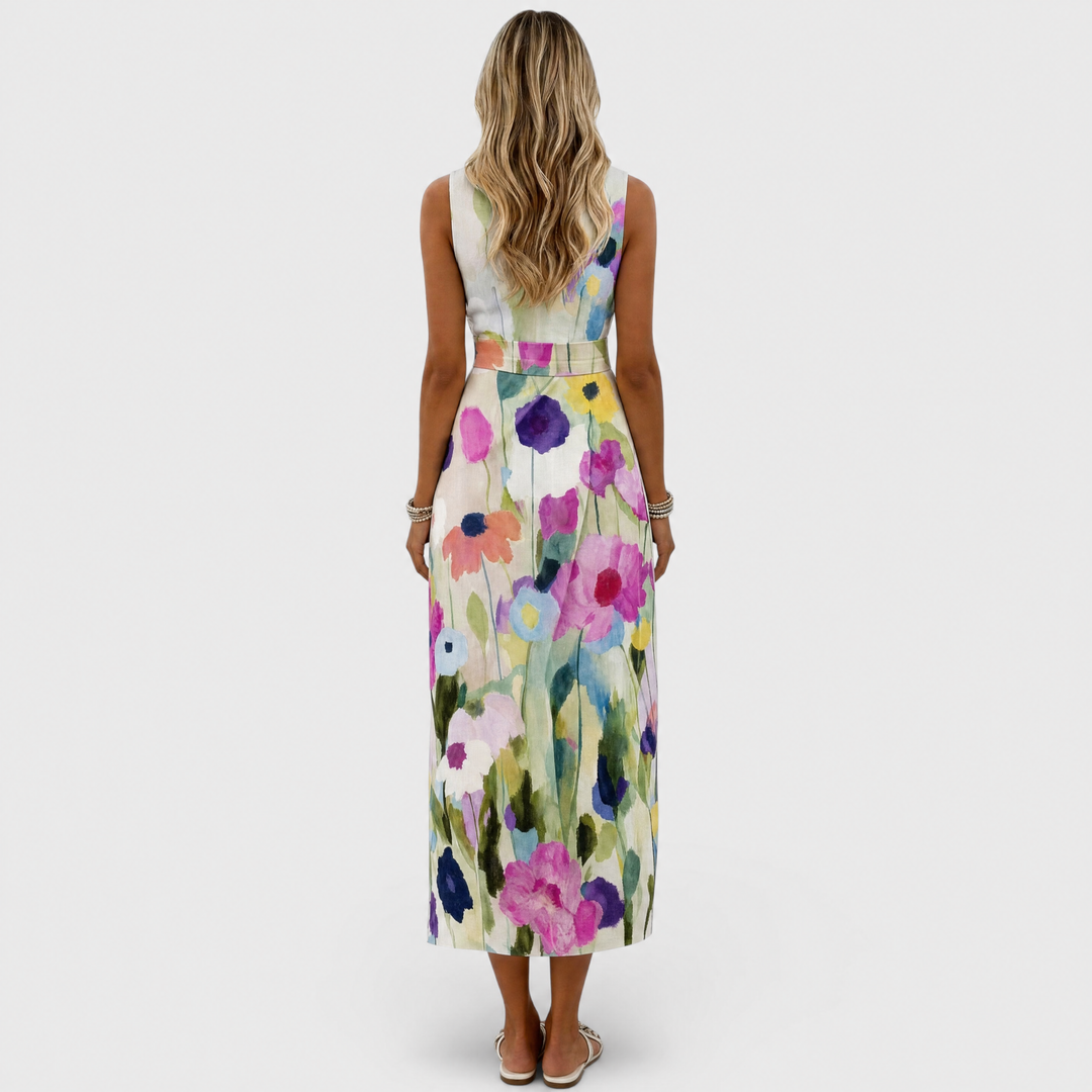 Womens Floral Midi Dress with A-Line Silhouette and Waist Belt – Vibrant Watercolor Print for Summer 2