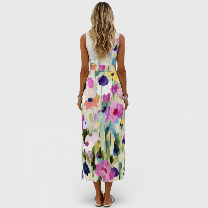 Womens Floral Midi Dress with A-Line Silhouette and Waist Belt – Vibrant Watercolor Print for Summer 2