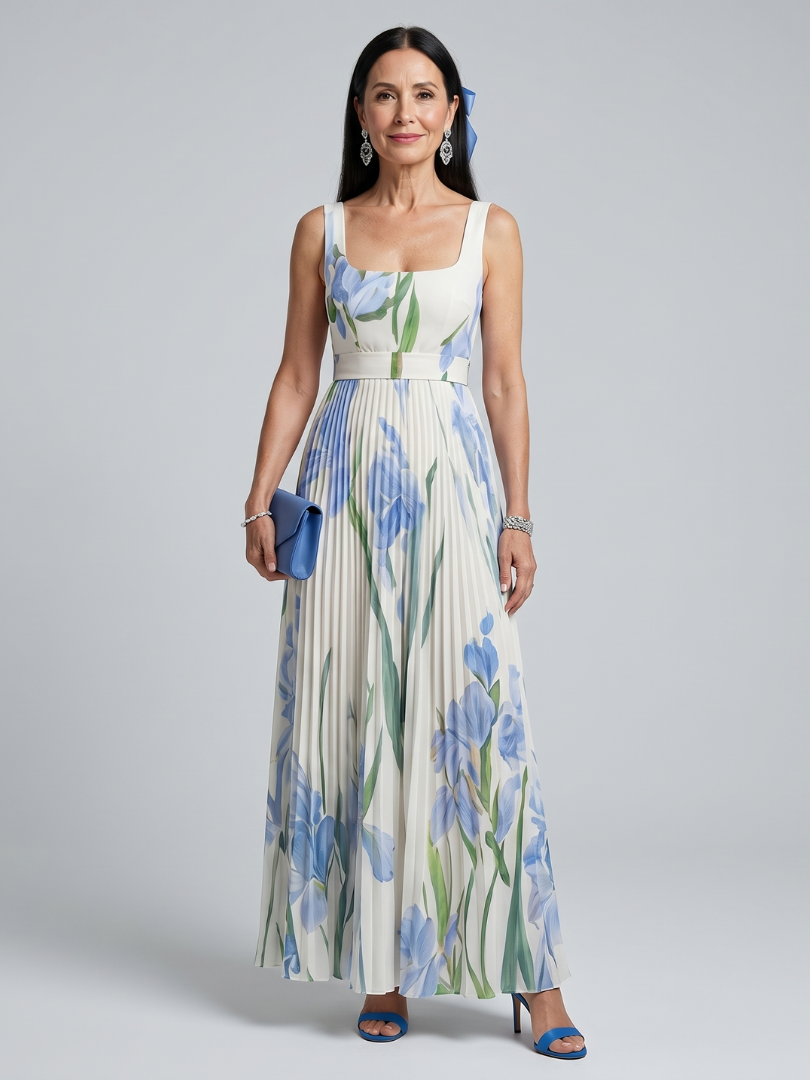 Womens Floral Midi Dress with Square Neckline – Lightweight Summer Dress for Wedding Guests 0