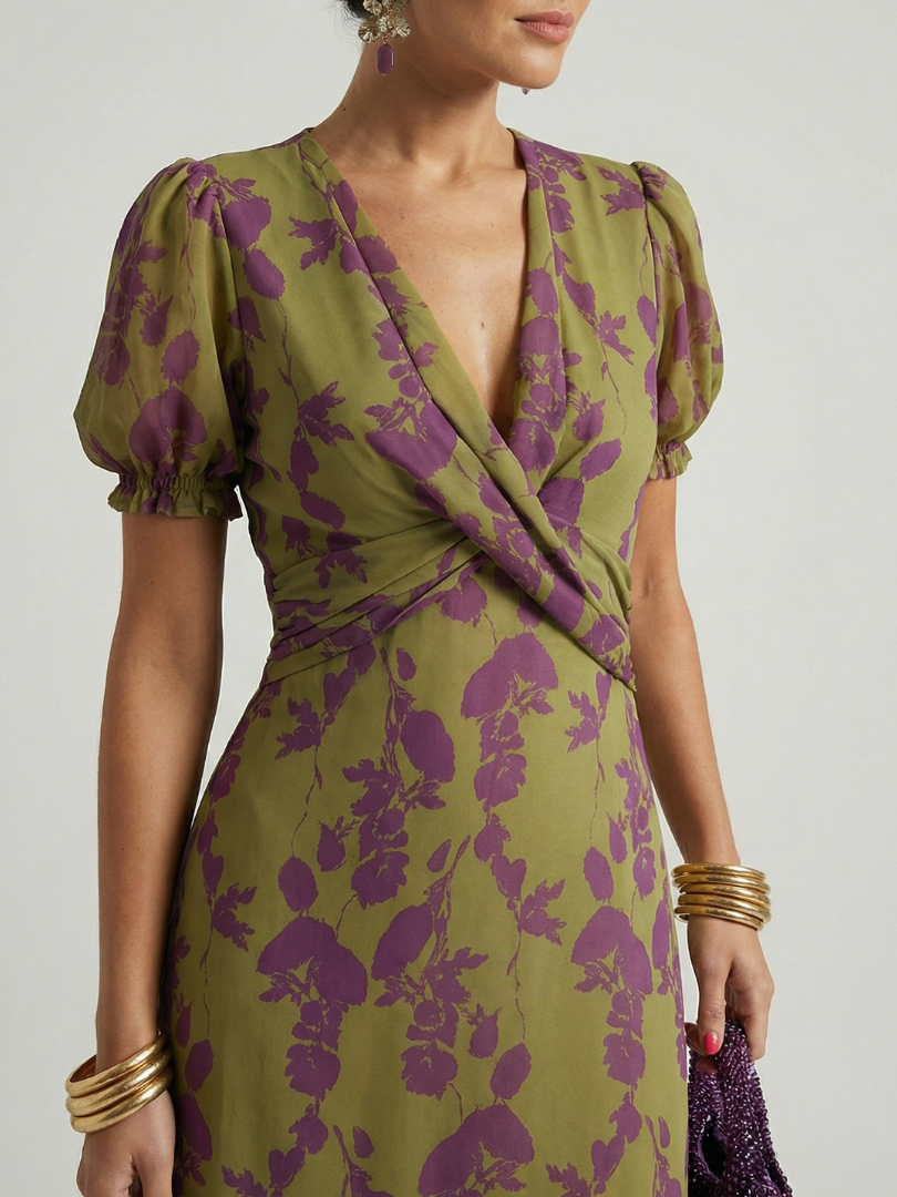 Womens Floral Midi Dress with Wrap Bodice and Short Sleeves – Lightweight Summer Dress 1