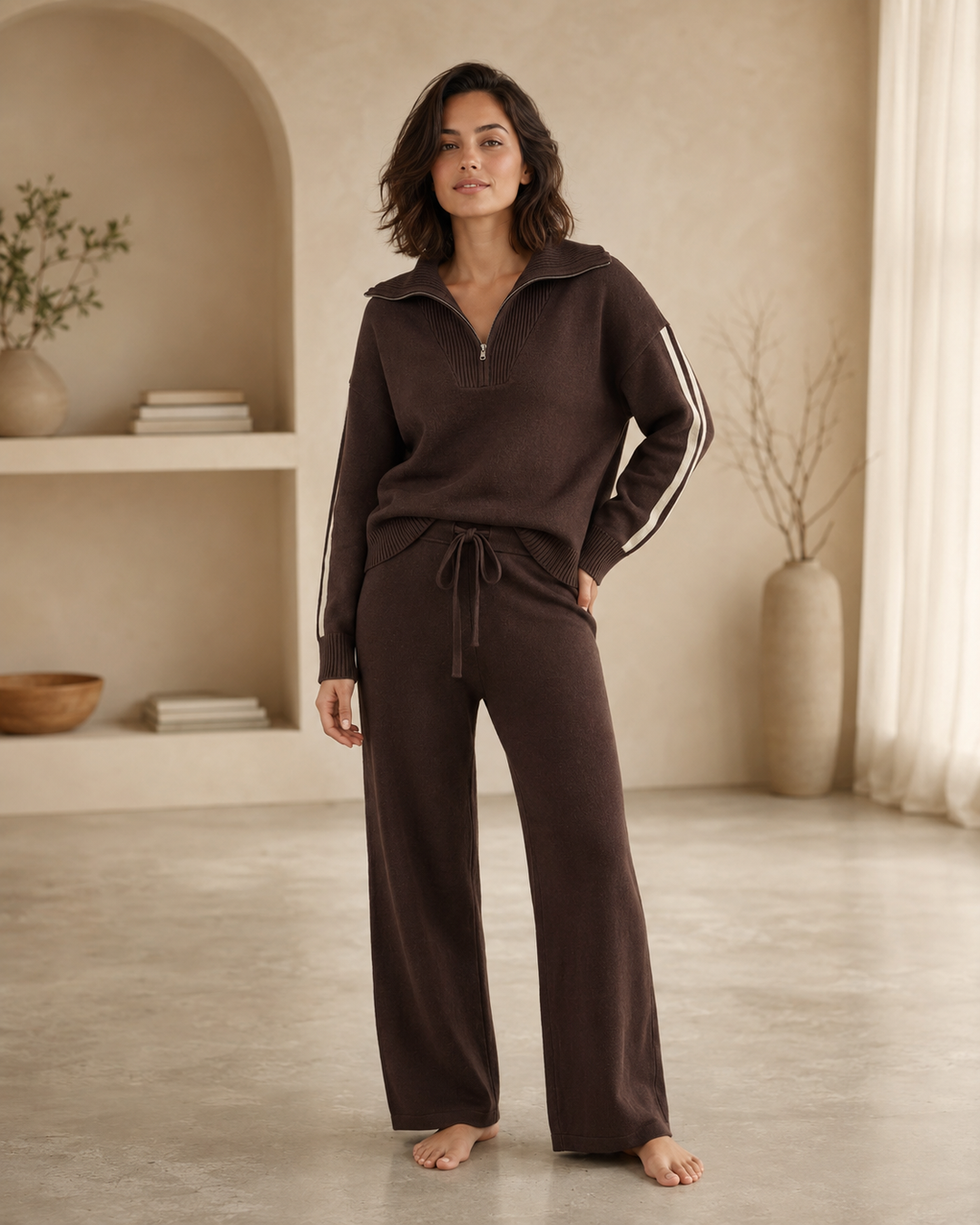 Womens loungewear set featuring a chocolate brown striped half-zip pullover and wide-leg trousers, perfect for comfort and style at home. 0