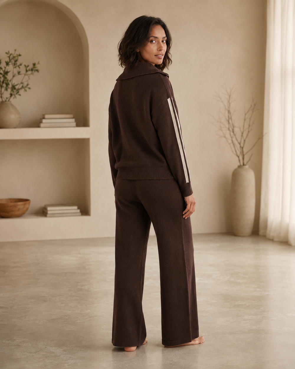 Womens loungewear set featuring a chocolate brown striped half-zip pullover and wide-leg trousers, perfect for comfort and style at home. 1
