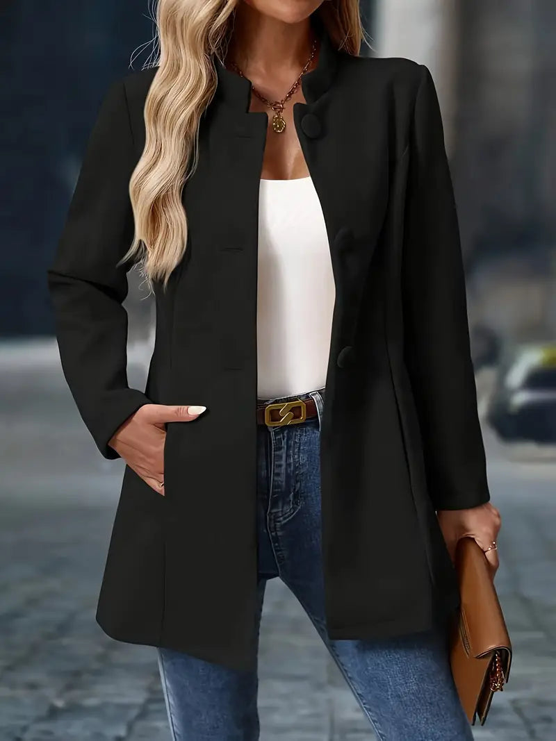 Womens Mid-Length Overcoat with Stand Collar and Button Front – Elegant Black Coat for All Seasons 5