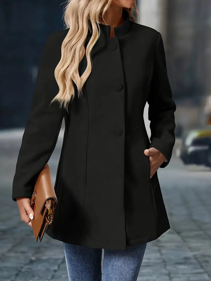 Womens Mid-Length Overcoat with Stand Collar and Button Front – Elegant Black Coat for All Seasons 6