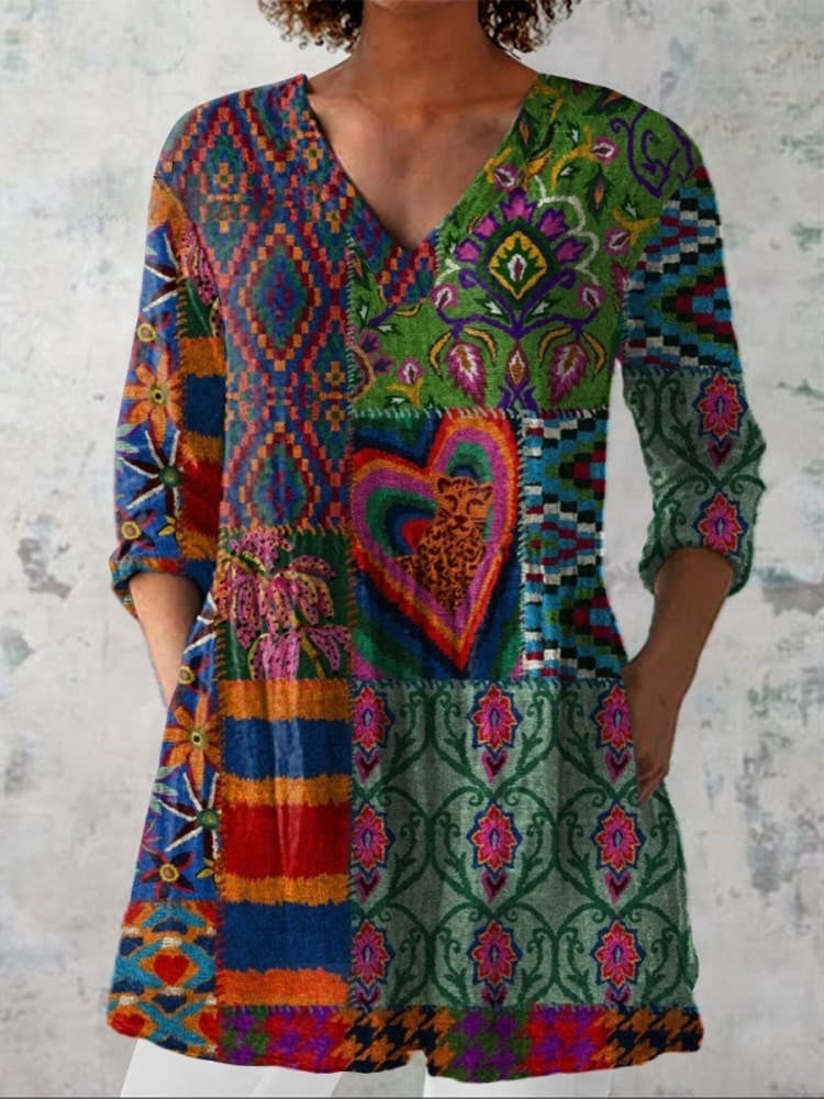 Womens Shirt with Soft Drape and Generously Cut Sleeves – Boho Floral V-Neck Design in Warm Earth Tones 0
