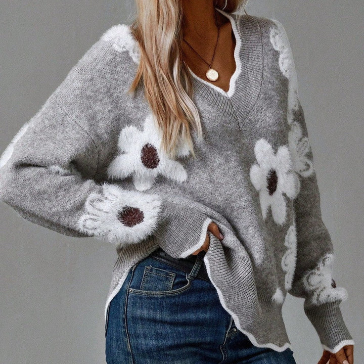 Womens Sweater with V-Neck and Floral Accents – Cozy Knit Pullover for Casual and Stylish Outfits 0