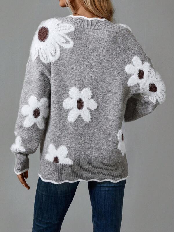 Womens Sweater with V-Neck and Floral Accents – Cozy Knit Pullover for Casual and Stylish Outfits 1