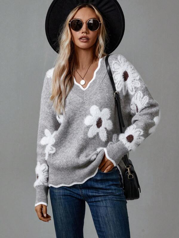 Womens Sweater with V-Neck and Floral Accents – Cozy Knit Pullover for Casual and Stylish Outfits 2