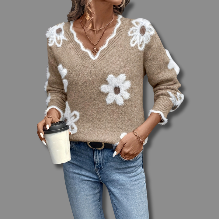 Womens Sweater with V-Neck and Floral Accents – Cozy Knit Pullover for Casual and Stylish Outfits 3