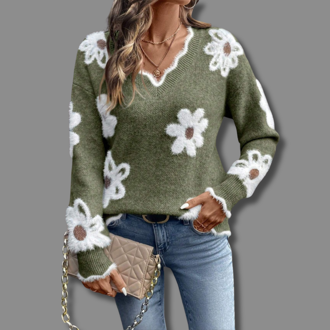 Womens Sweater with V-Neck and Floral Accents – Cozy Knit Pullover for Casual and Stylish Outfits 4