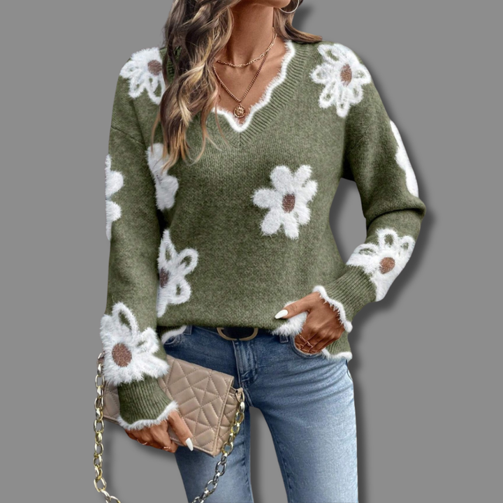 Womens Sweater with V-Neck and Floral Accents – Cozy Knit Pullover for Casual and Stylish Outfits 4