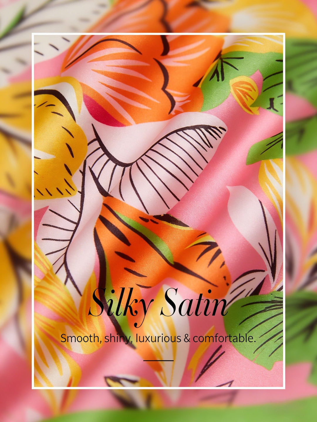 Womens top featuring an asymmetrical hem and kimono sleeves, made of silky satin with a vibrant tropical print, perfect for stylish summer outfits. 6