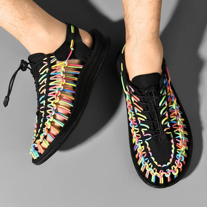 Woven beach sandals featuring a breathable design and lightweight flat sole, perfect for casual outdoor beachwear. 4