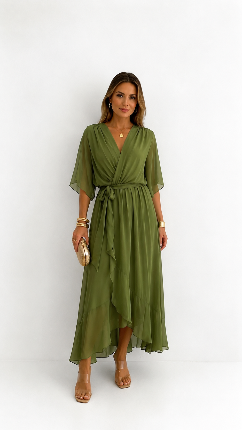 Wrap Maxi Dress with Flutter Sleeves and Adjustable Waist Tie – Elegant Chiffon Long Dress for Women 0