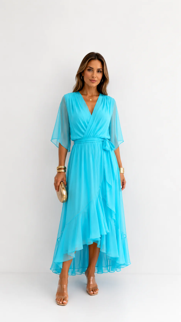 Wrap Maxi Dress with Flutter Sleeves and Adjustable Waist Tie – Elegant Chiffon Long Dress for Women 10