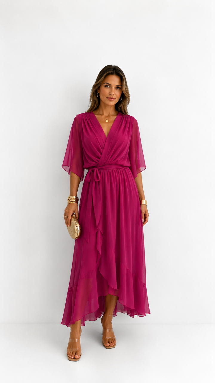 Wrap Maxi Dress with Flutter Sleeves and Adjustable Waist Tie – Elegant Chiffon Long Dress for Women 11