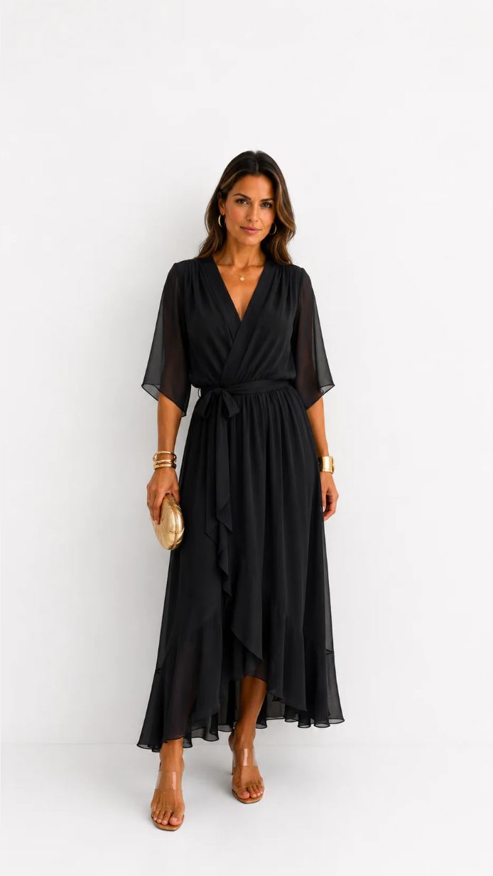 Wrap Maxi Dress with Flutter Sleeves and Adjustable Waist Tie – Elegant Chiffon Long Dress for Women 2