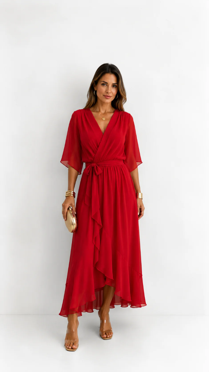 Wrap Maxi Dress with Flutter Sleeves and Adjustable Waist Tie – Elegant Chiffon Long Dress for Women 9
